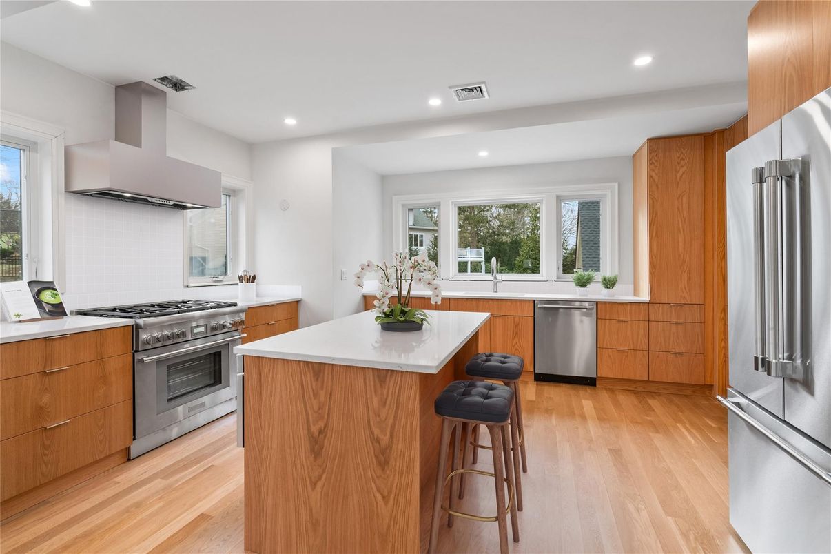 Interior, Kitchen, Recessed Lighting, Stainless Steel Appliances, Wood Texture Flooring