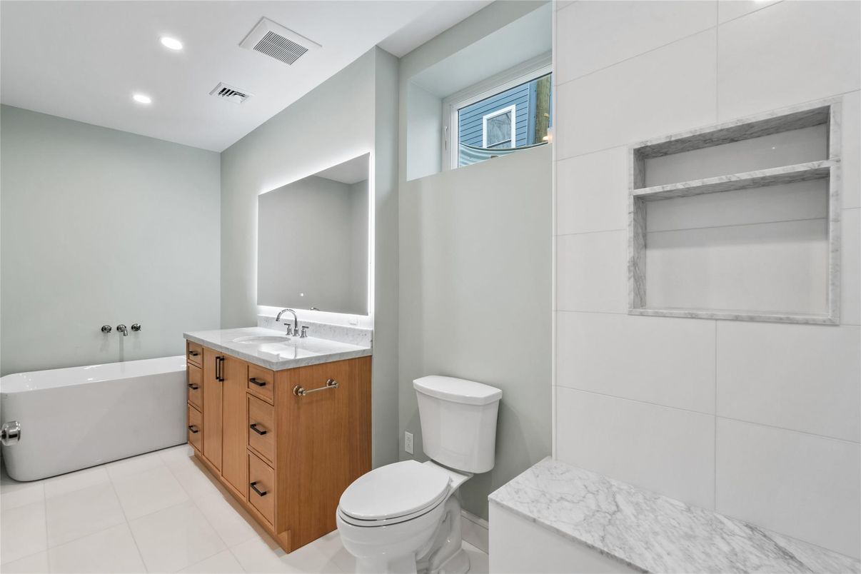 Bathroom, Dual Sink Vanities, Free Standing Baths, Interior, Marble, Recessed Lighting