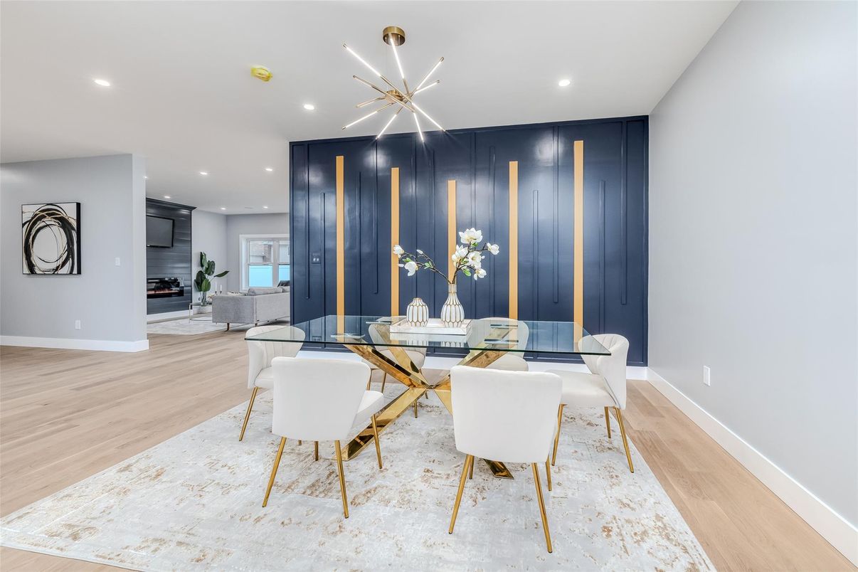Dining room, Interior, Pendant Lights, Recessed Lighting, Wood Texture Flooring