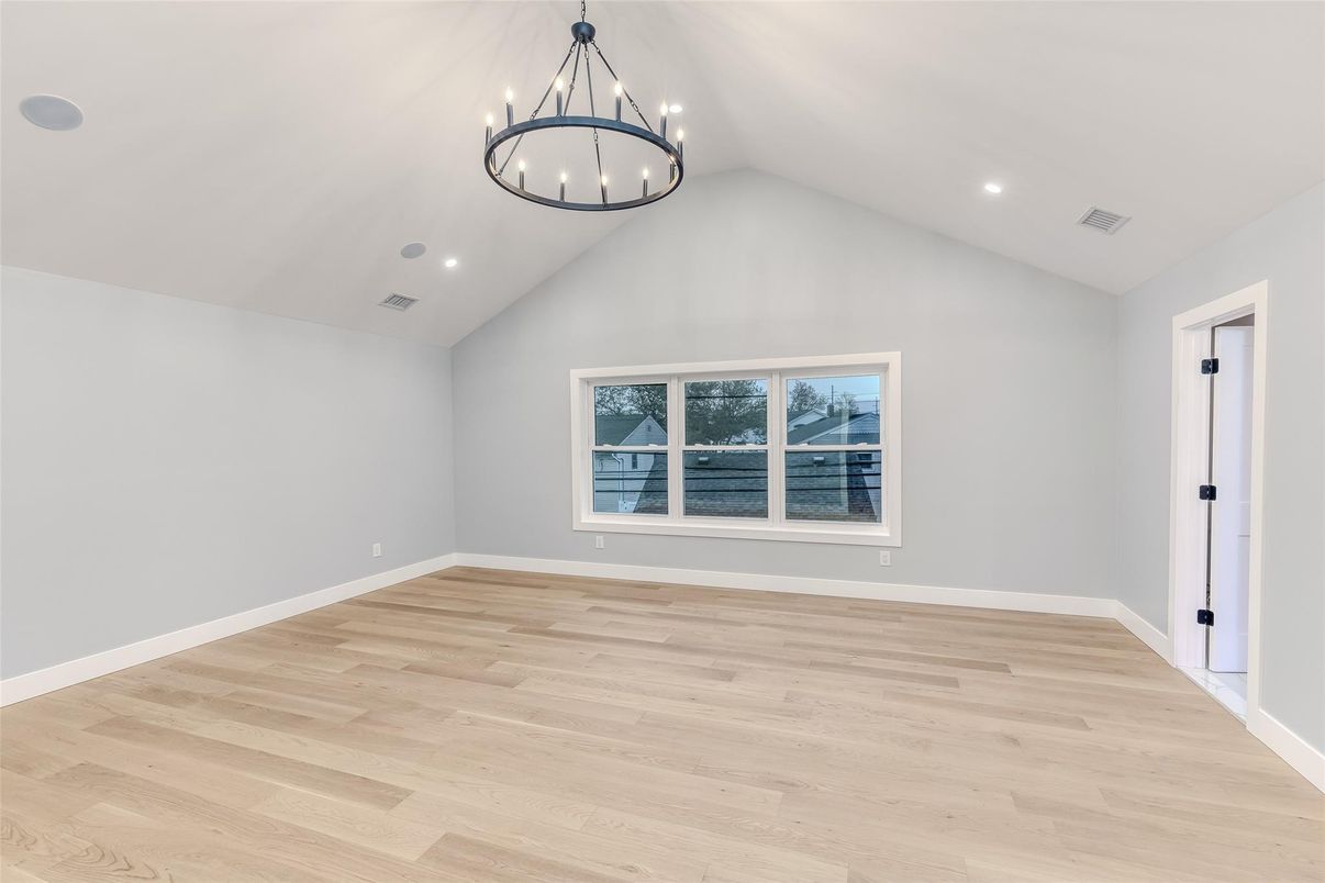 Chandelier, Empty room, Interior, Recessed Lighting, Wood Texture Flooring