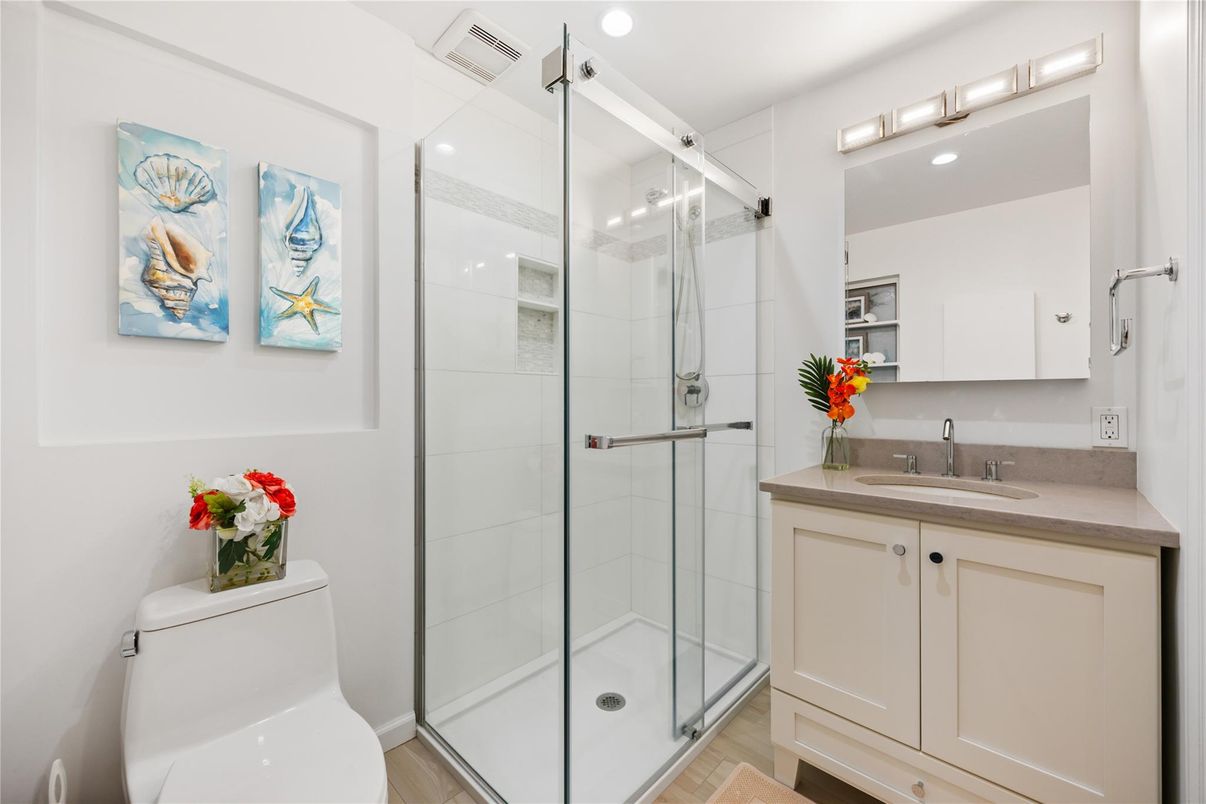 Bathroom, Glass Shower, Interior, Recessed Lighting