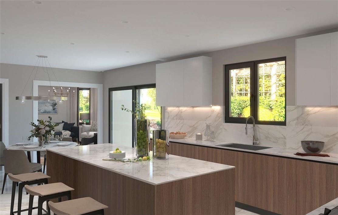 Interior, Kitchen, Marble Walls, Pendant Lights, Recessed Lighting