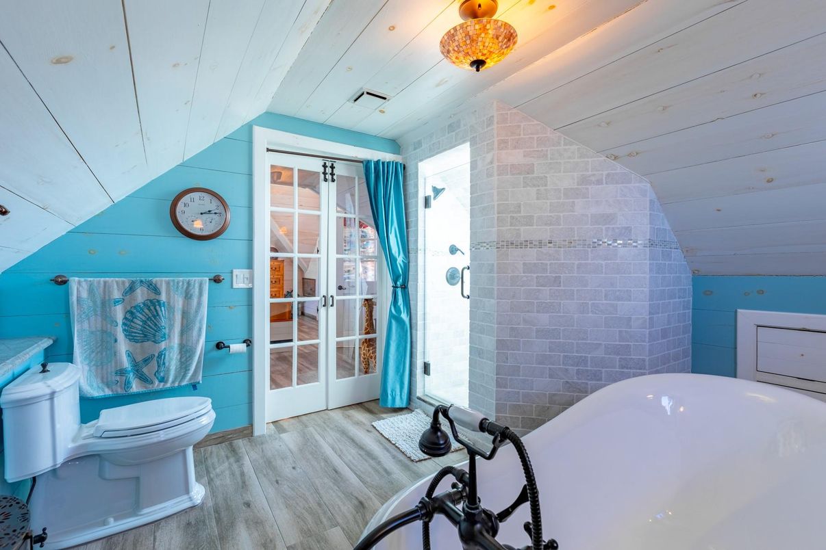 Bathroom, Free Standing Baths, Interior, Stone Walls, Wood Texture Flooring