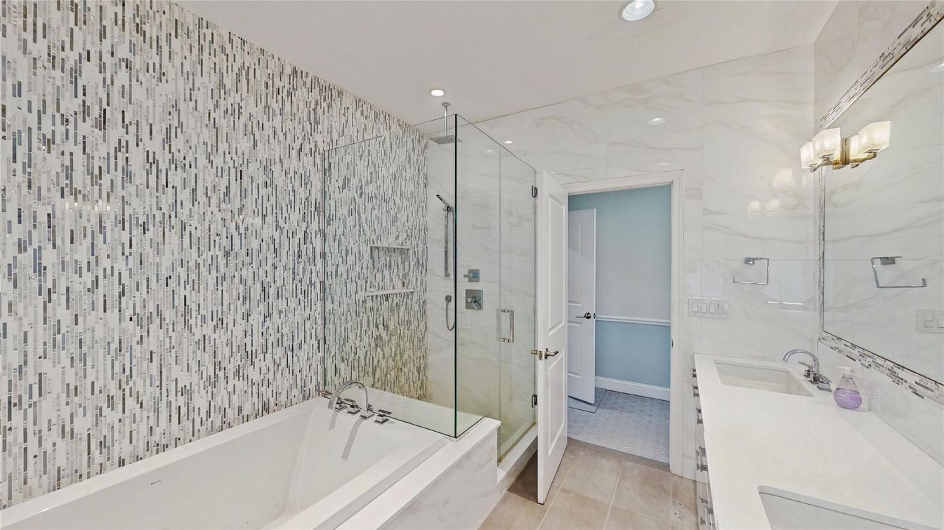 Bathroom, Glass Shower, Interior, Marble Walls, Recessed Lighting