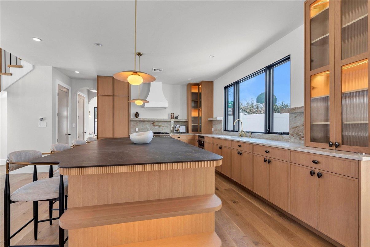 Interior, Kitchen, Pendant Lights, Recessed Lighting, Wood Texture Flooring