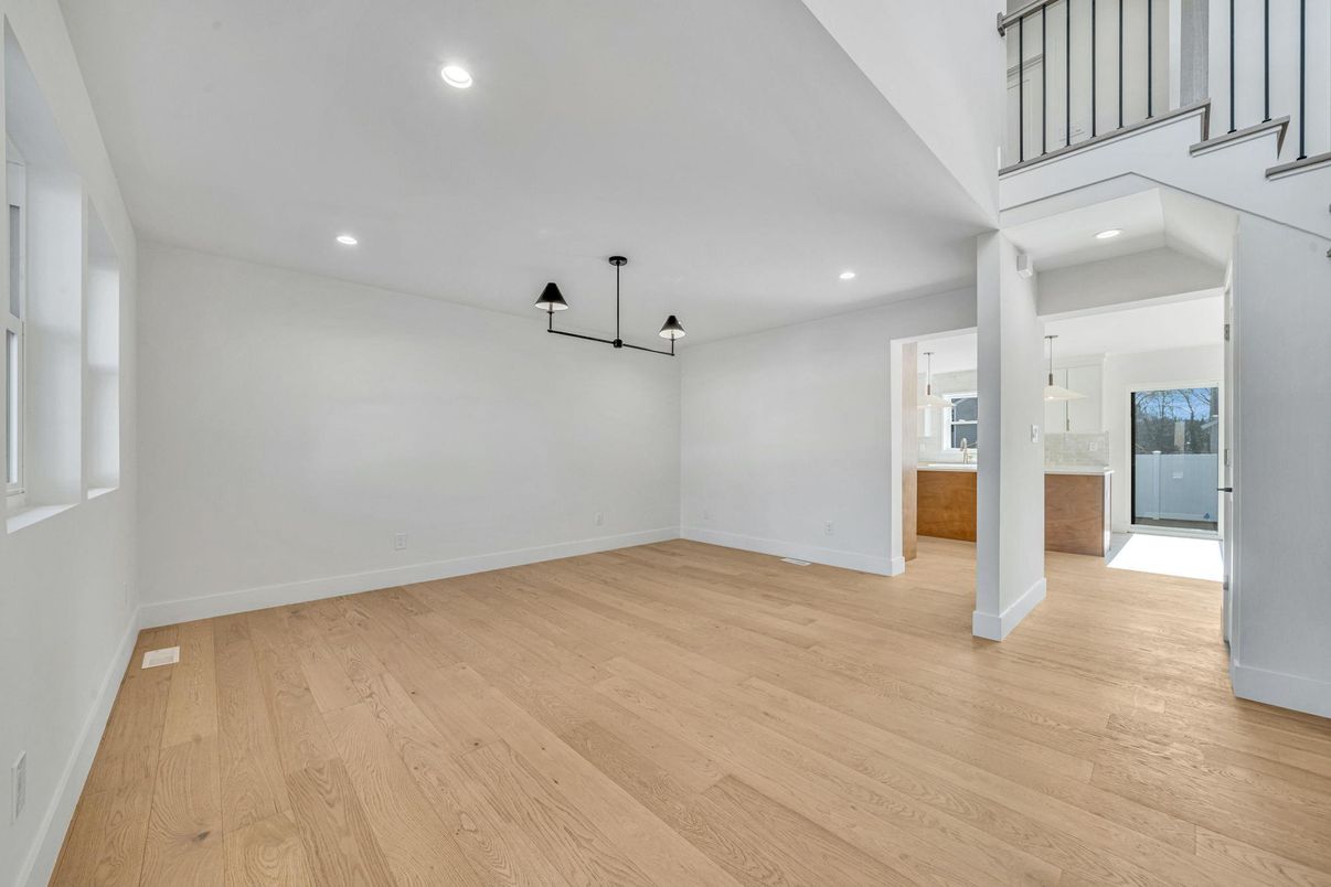 Empty room, Interior, Pendant Lights, Recessed Lighting, Wood Texture Flooring