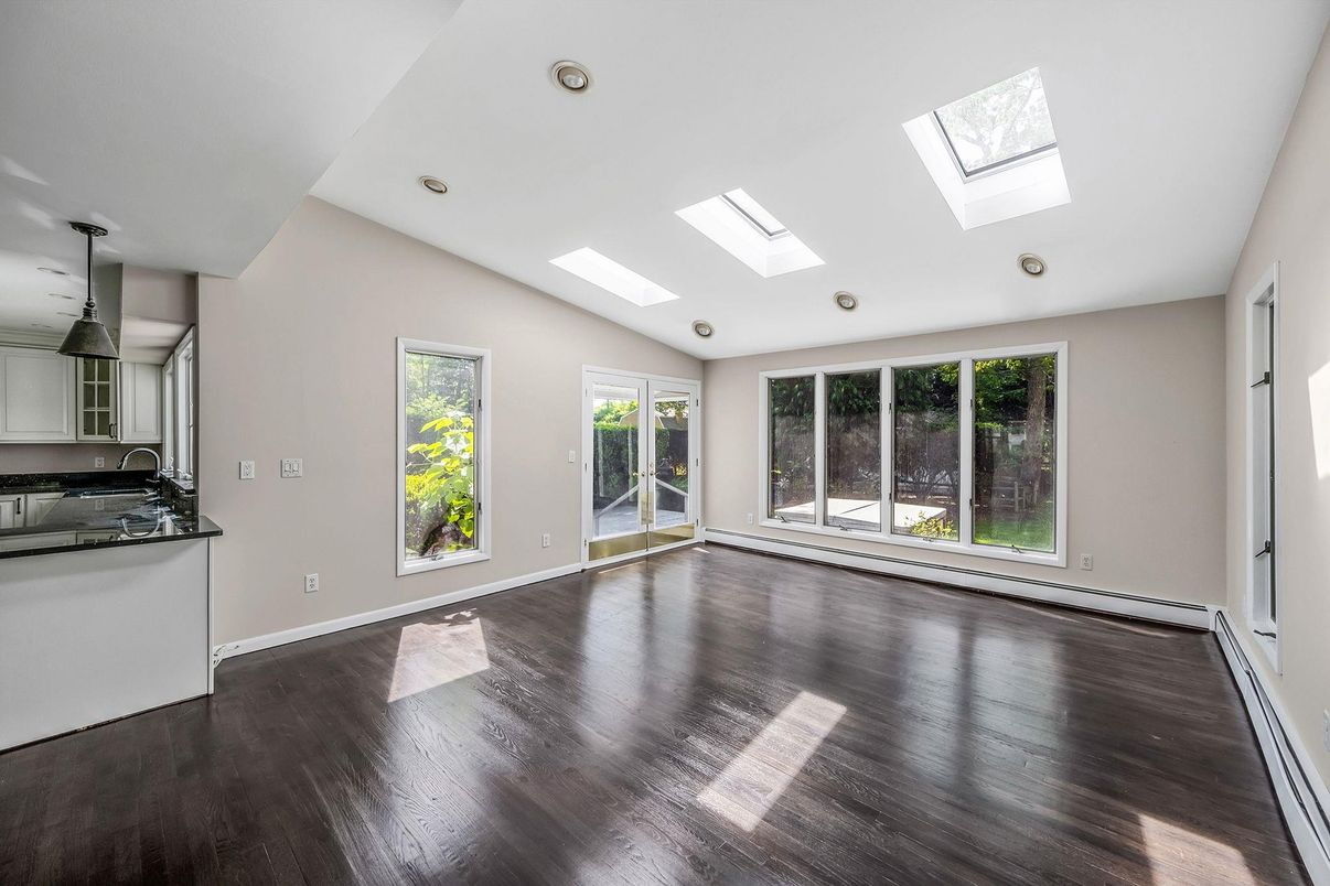 Empty room, Interior, Kitchen, Pendant Lights, Recessed Lighting, Wood Texture Flooring