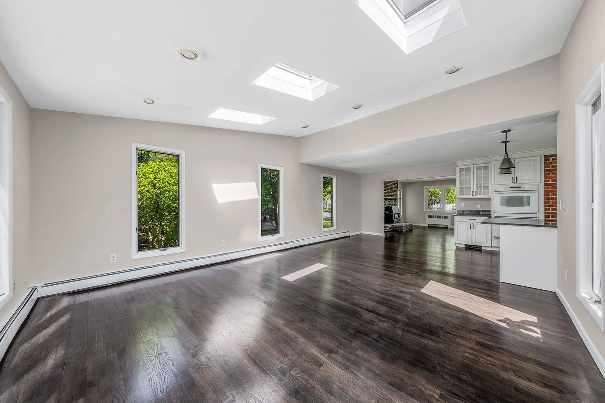 Empty room, Interior, Kitchen, Pendant Lights, Recessed Lighting, Wood Texture Flooring