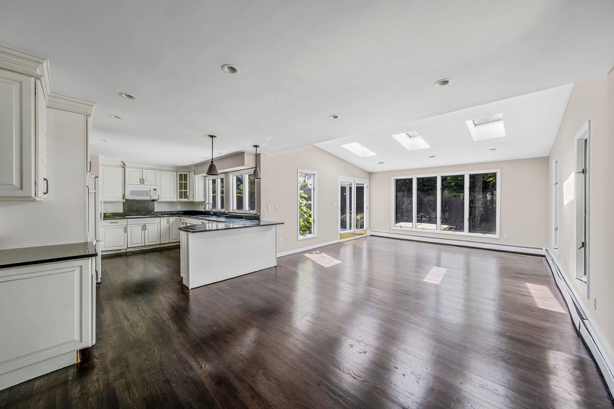 Empty room, Interior, Kitchen, Pendant Lights, Recessed Lighting, Wood Texture Flooring