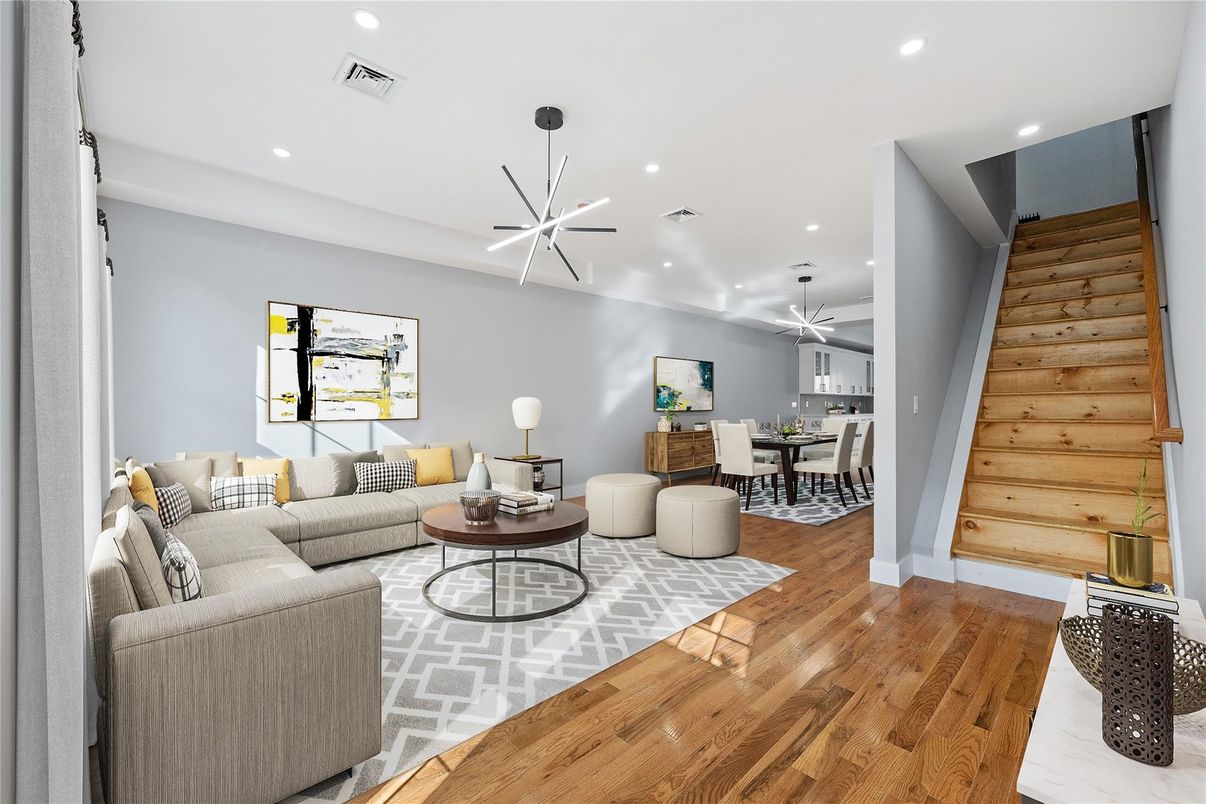 Dining room, Interior, Living room, Pendant Lights, Recessed Lighting, Wood Texture Flooring