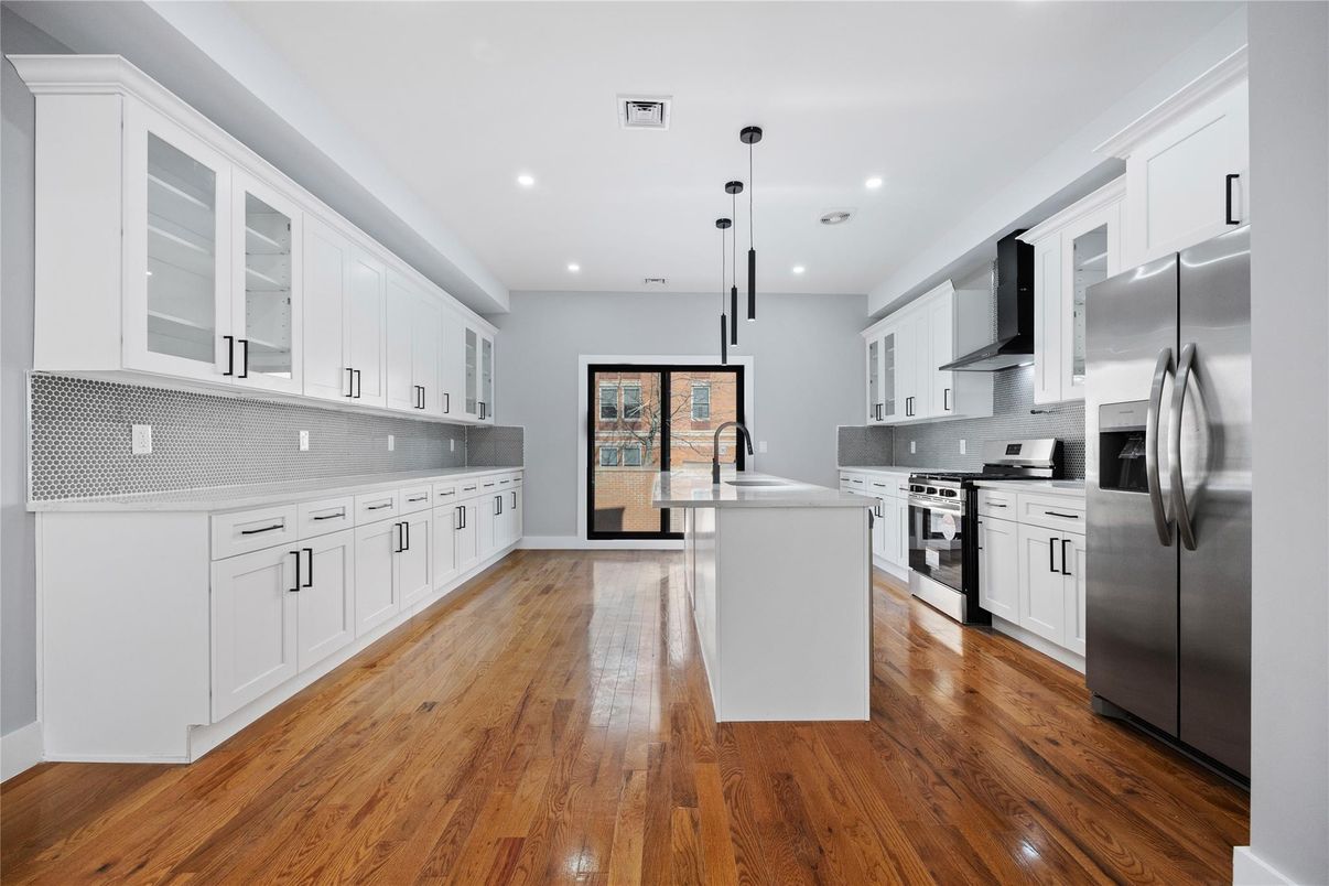 Interior, Kitchen, Pendant Lights, Recessed Lighting, Stainless Steel Appliances, Wood Texture Flooring