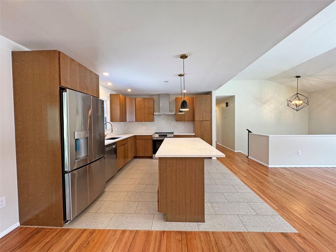 Interior, Kitchen, Pendant Lights, Recessed Lighting, Stainless Steel Appliances, Wood Texture Flooring