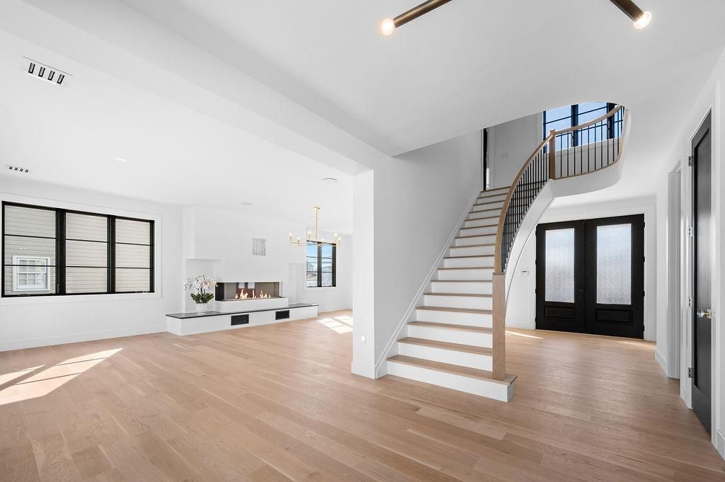 Fireplace, Interior, Pendant Lights, Recessed Lighting, Wood Texture Flooring