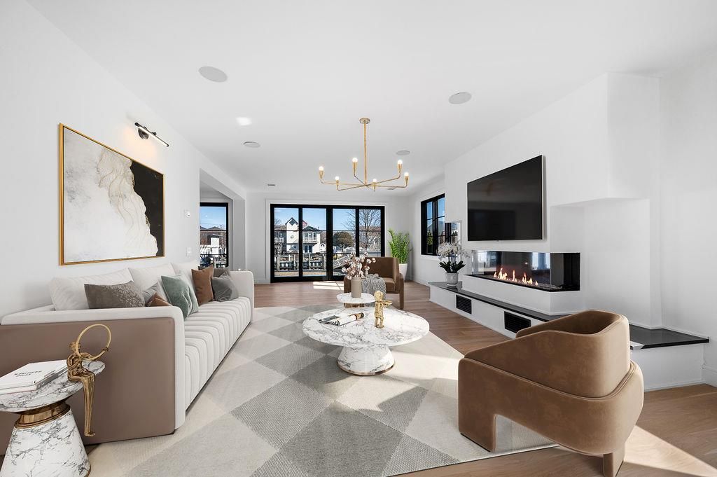 Fireplace, Interior, Living room, Pendant Lights, Recessed Lighting, Wood Texture Flooring