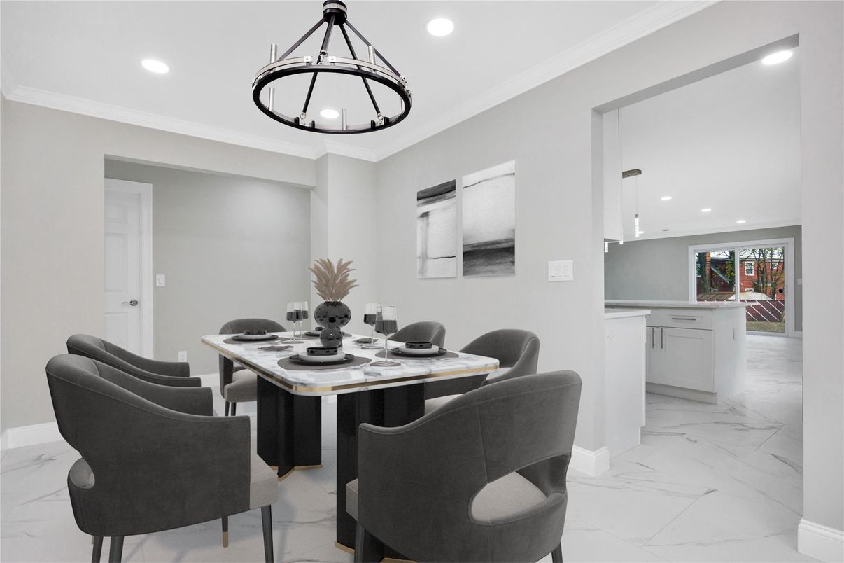 Dining room, Interior, Kitchen, Marble, Pendant Lights, Recessed Lighting