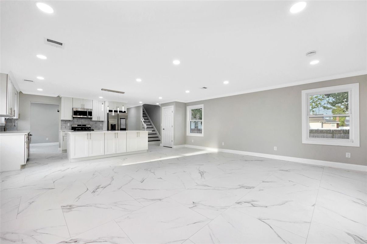 Interior, Kitchen, Marble, Recessed Lighting, Stainless Steel Appliances