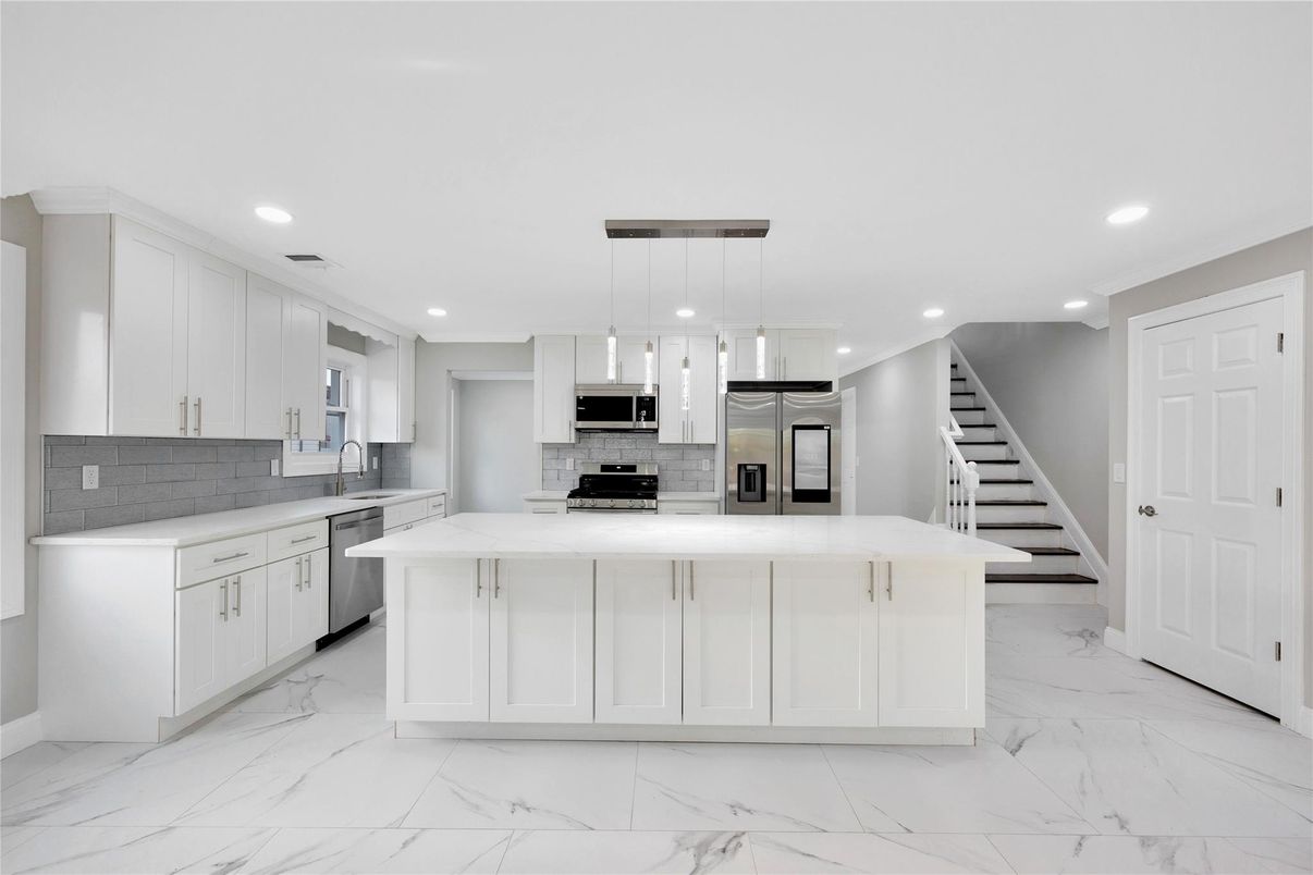 Interior, Kitchen, Marble, Pendant Lights, Recessed Lighting, Stainless Steel Appliances