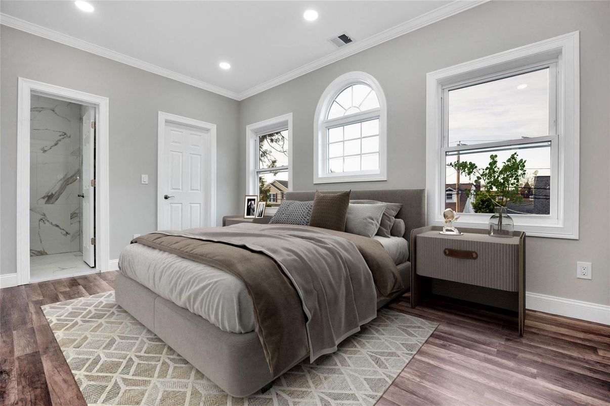 Bedroom, Interior, Marble Walls, Recessed Lighting, Wood Texture Flooring