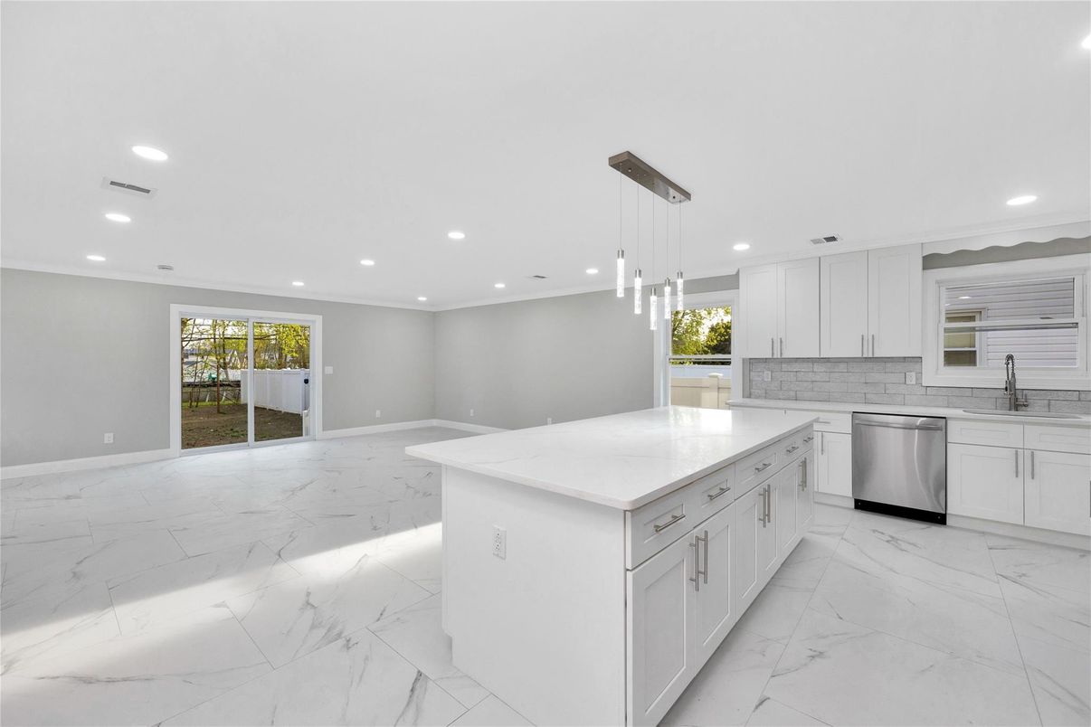 Interior, Kitchen, Marble, Pendant Lights, Recessed Lighting, Stainless Steel Appliances