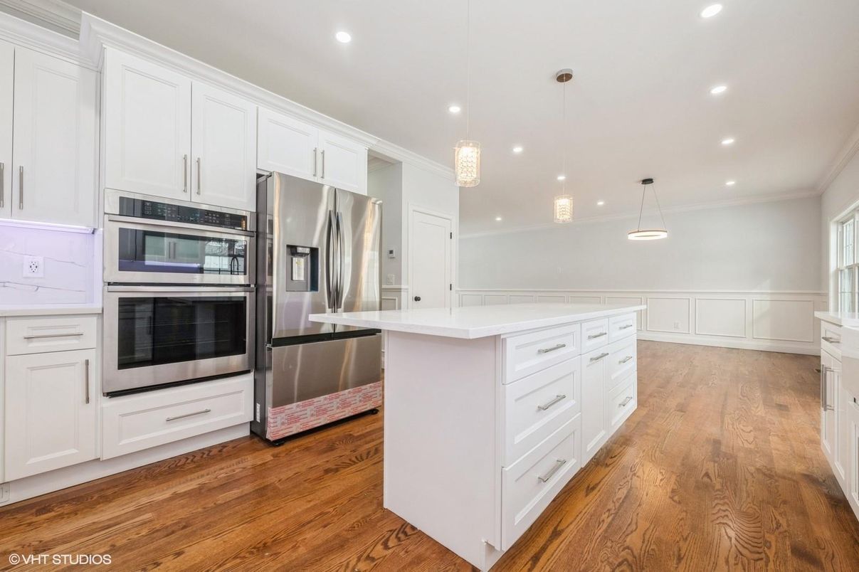 Interior, Kitchen, Pendant Lights, Recessed Lighting, Stainless Steel Appliances, Wood Texture Flooring
