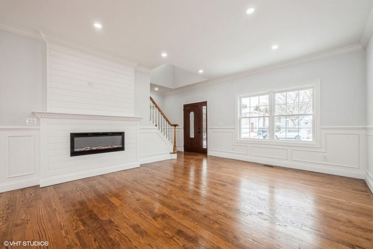 Empty room, Fireplace, Interior, Recessed Lighting, Wood Texture Flooring