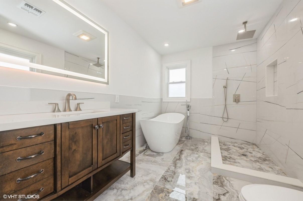 Bathroom, Dual Sink Vanities, Free Standing Baths, Glass Shower, Interior, Marble, Marble Walls, Recessed Lighting