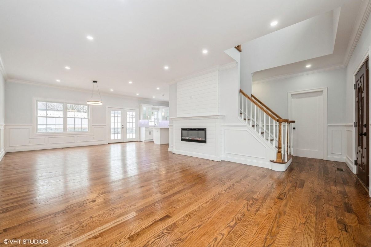 Empty room, Fireplace, Interior, Pendant Lights, Recessed Lighting, Wood Texture Flooring