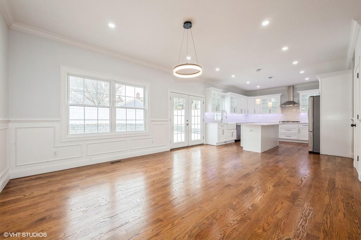 Empty room, Interior, Kitchen, Pendant Lights, Recessed Lighting, Wood Texture Flooring