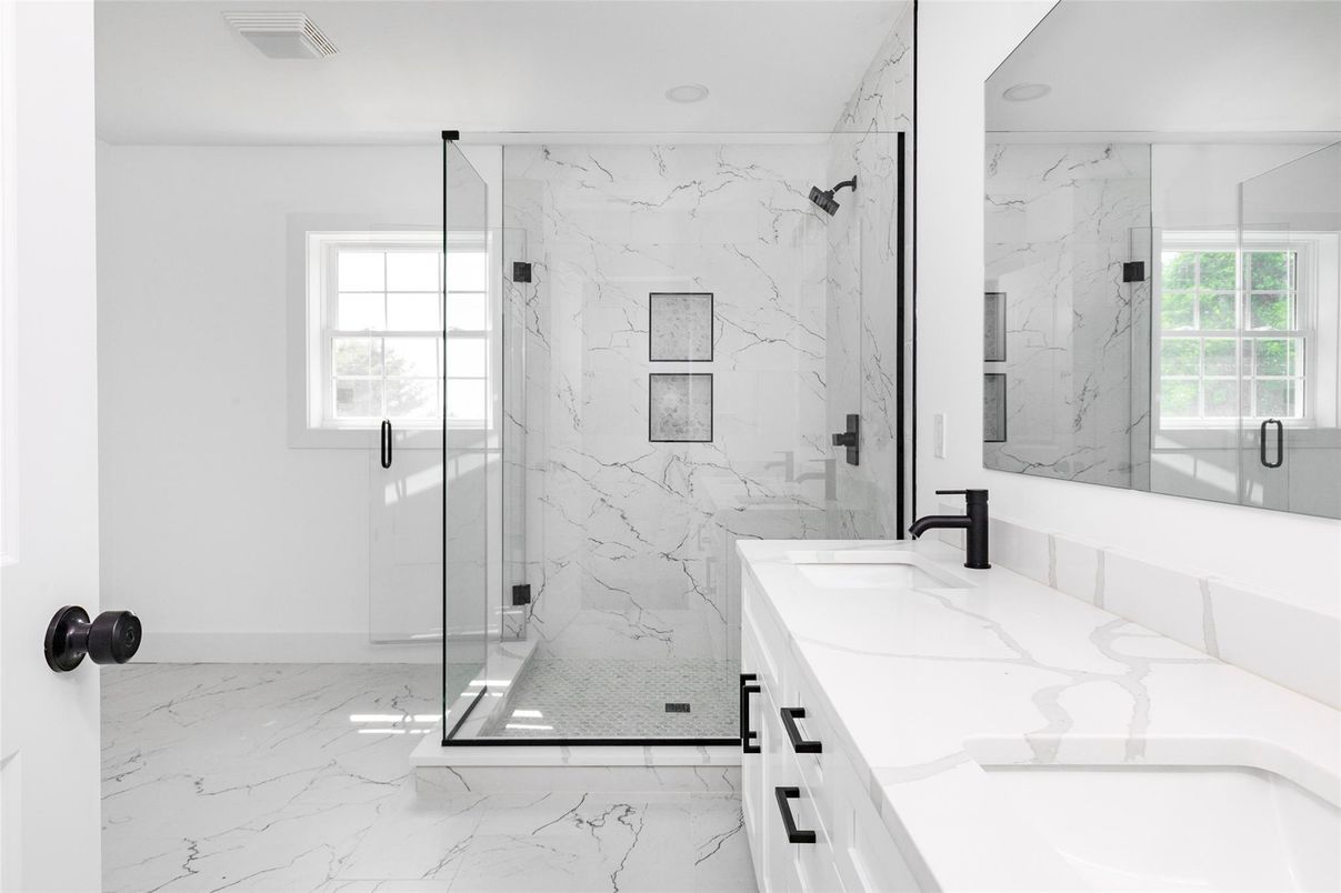 Bathroom, Glass Shower, Interior, Marble, Marble Walls, Recessed Lighting