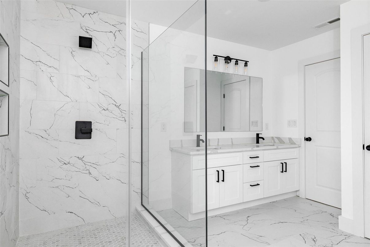 Bathroom, Dual Sink Vanities, Glass Shower, Interior, Marble, Marble Walls