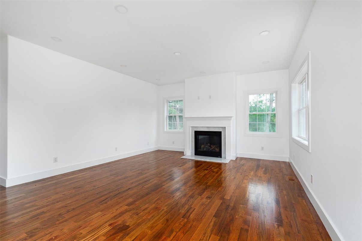Empty room, Fireplace, Interior, Recessed Lighting, Wood Texture Flooring