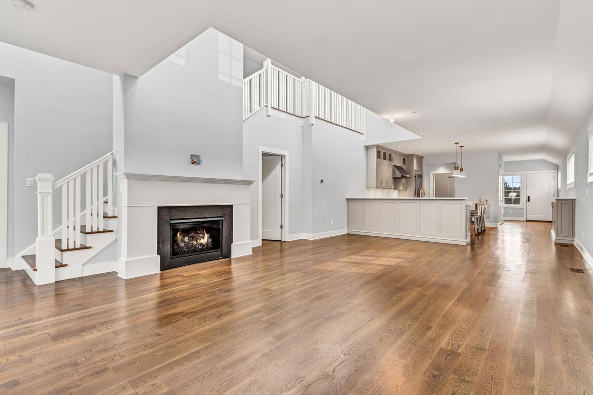 Fireplace, Interior, Pendant Lights, Recessed Lighting, Wood Texture Flooring