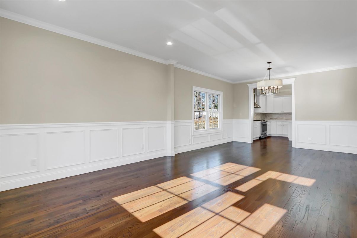 Chandelier, Empty room, Interior, Recessed Lighting, Wood Texture Flooring