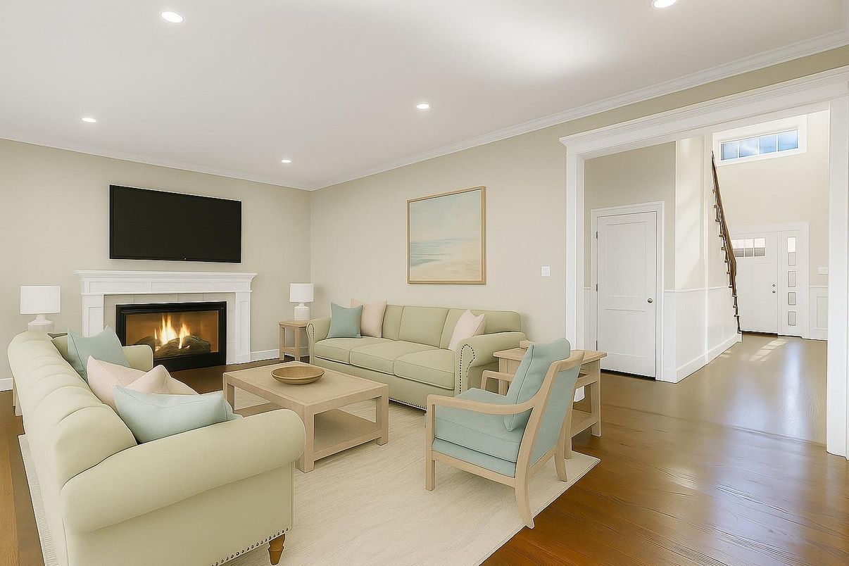 Fireplace, Interior, Living room, Recessed Lighting, Wood Texture Flooring