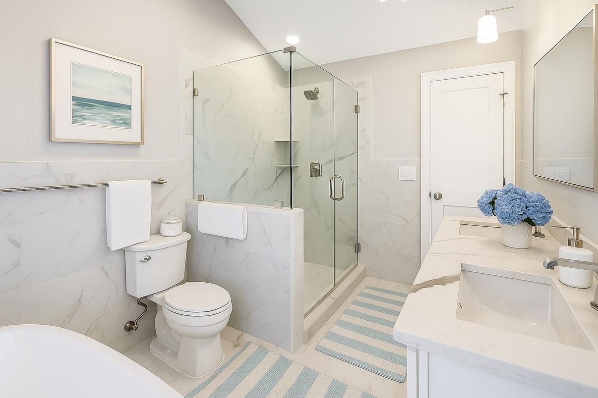 Bathroom, Glass Shower, Interior, Marble Walls