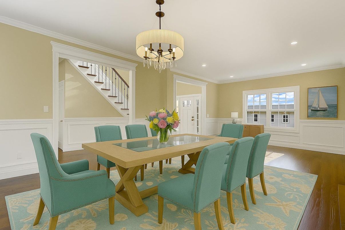 Chandelier, Dining room, Interior, Recessed Lighting, Wood Texture Flooring