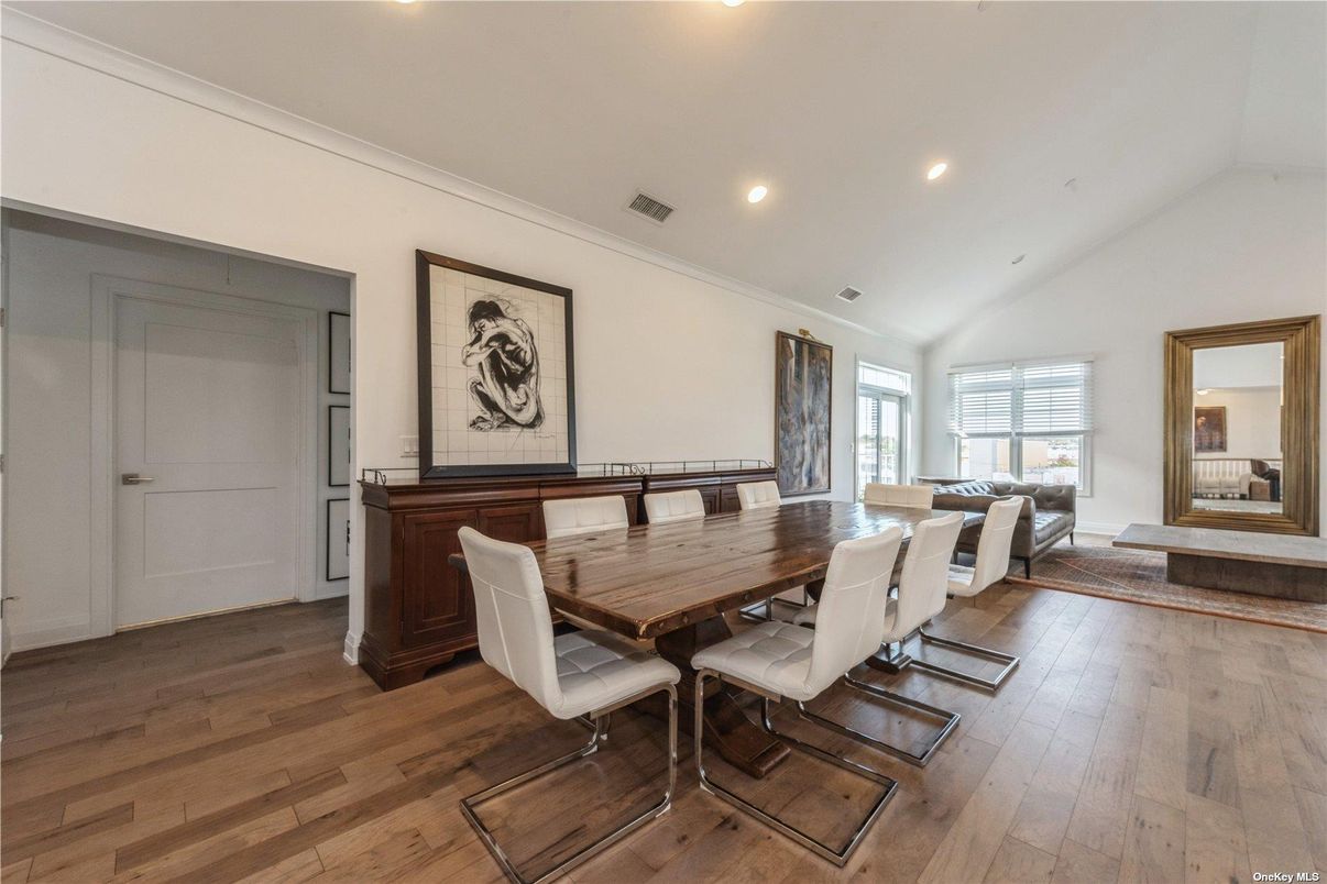Dining room, Interior, Living room, Recessed Lighting, Wood Texture Flooring
