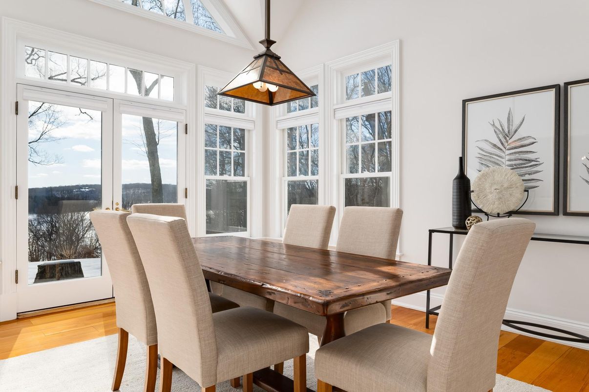 Dining room, Interior, Pendant Lights, Wood Texture Flooring