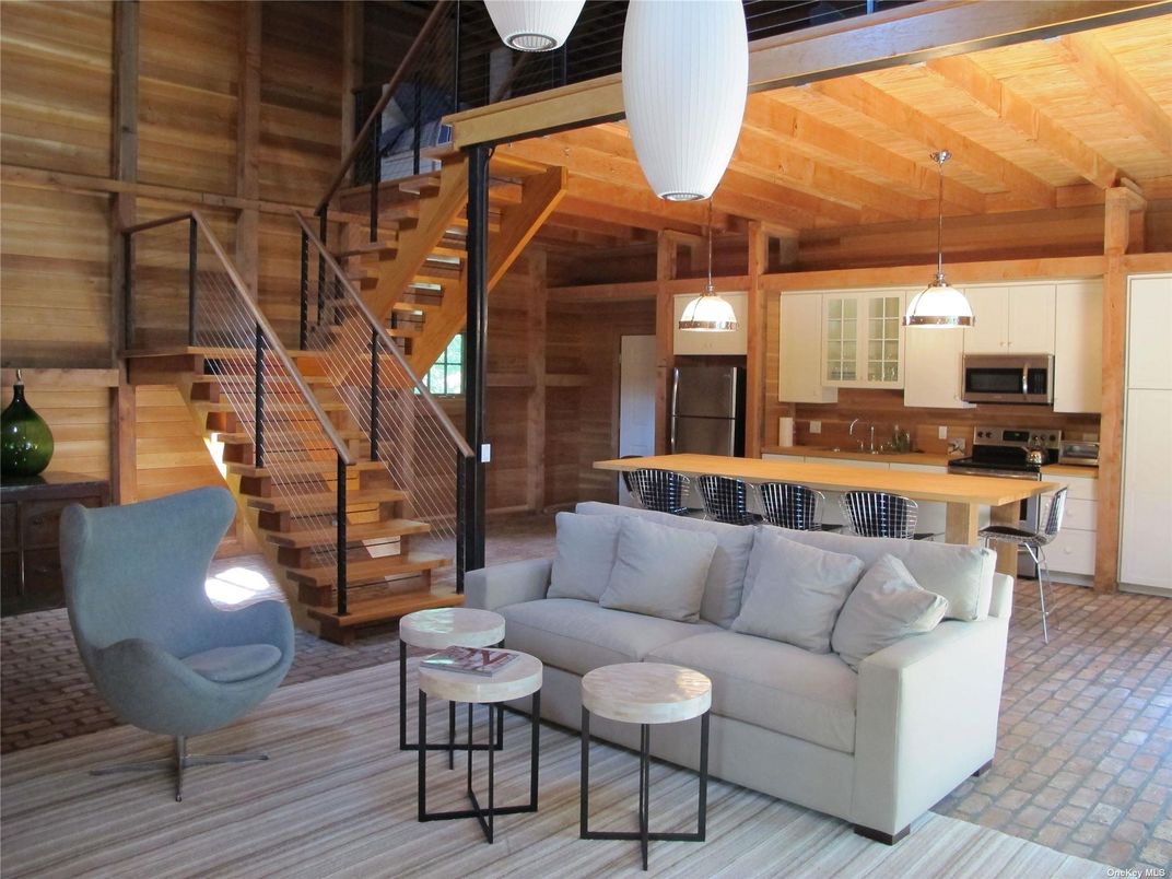 Interior, Kitchen, Living room, Pendant Lights, Stainless Steel Appliances, Wooden Beams, Wooden Ceilings, Wooden Walls
