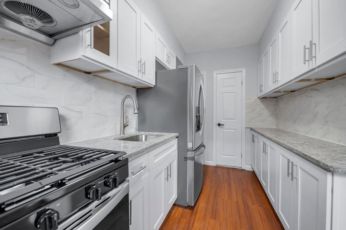 Interior, Kitchen, Marble Walls, Wood Texture Flooring