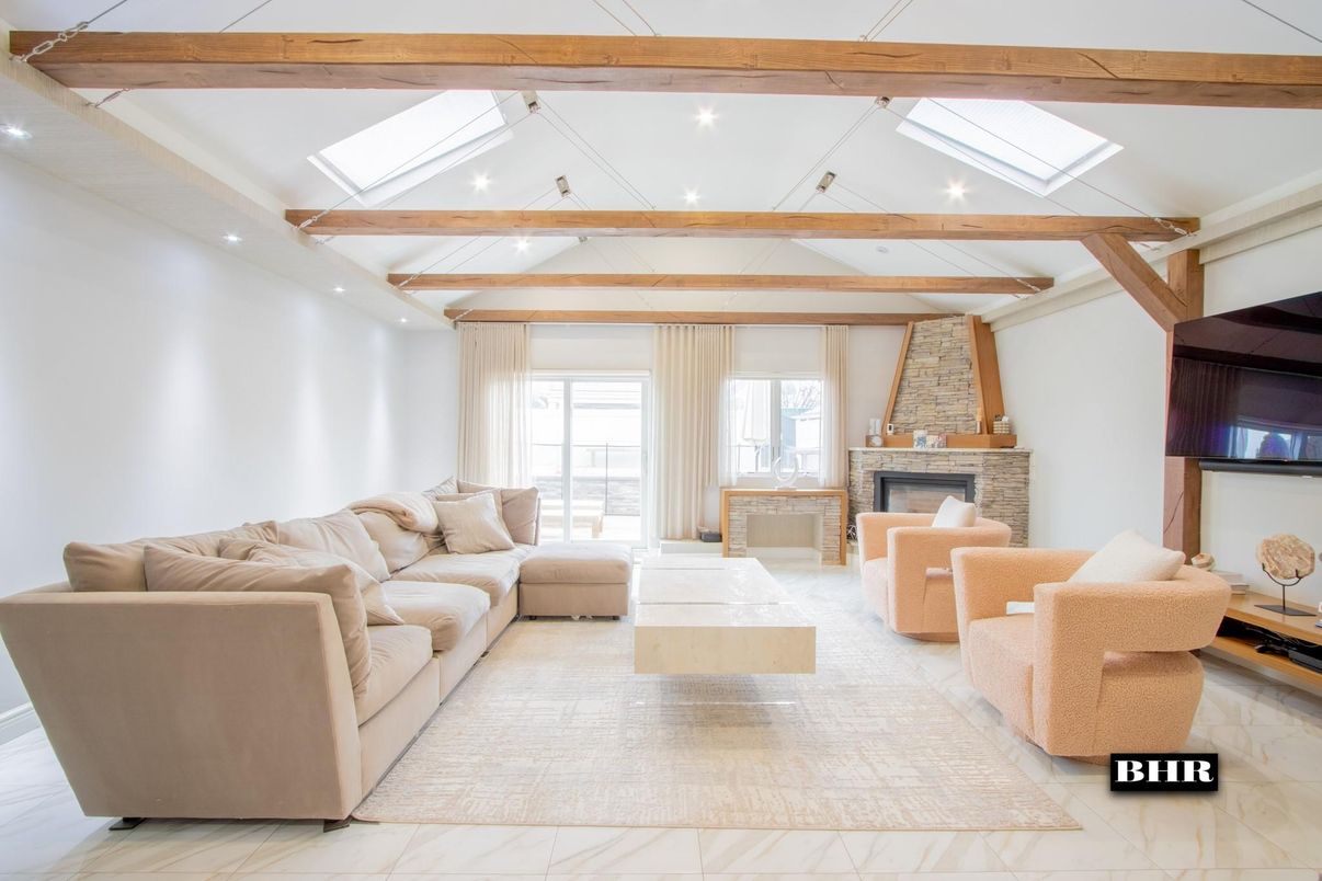 Fireplace, Interior, Living room, Recessed Lighting, Wooden Beams