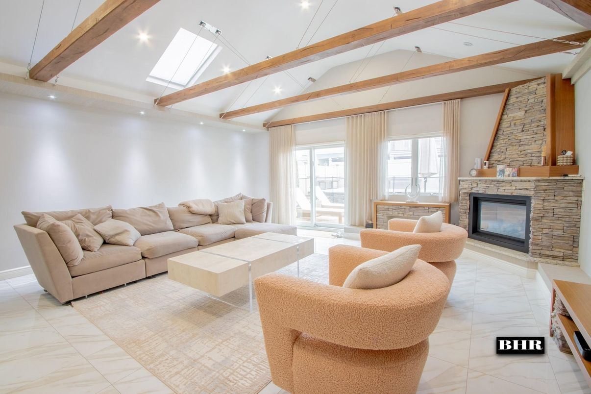 Fireplace, Interior, Living room, Marble, Recessed Lighting, Stone Walls, Wooden Beams