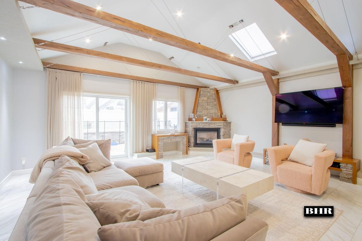 Fireplace, Interior, Living room, Recessed Lighting, Wooden Beams