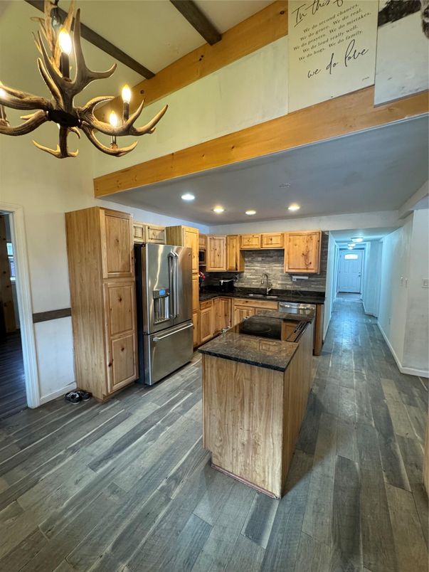 Chandelier, Interior, Kitchen, Recessed Lighting, Stainless Steel Appliances, Wooden Beams, Wood Texture Flooring