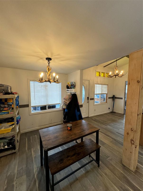 Chandelier, Dining room, Interior, Wood Texture Flooring