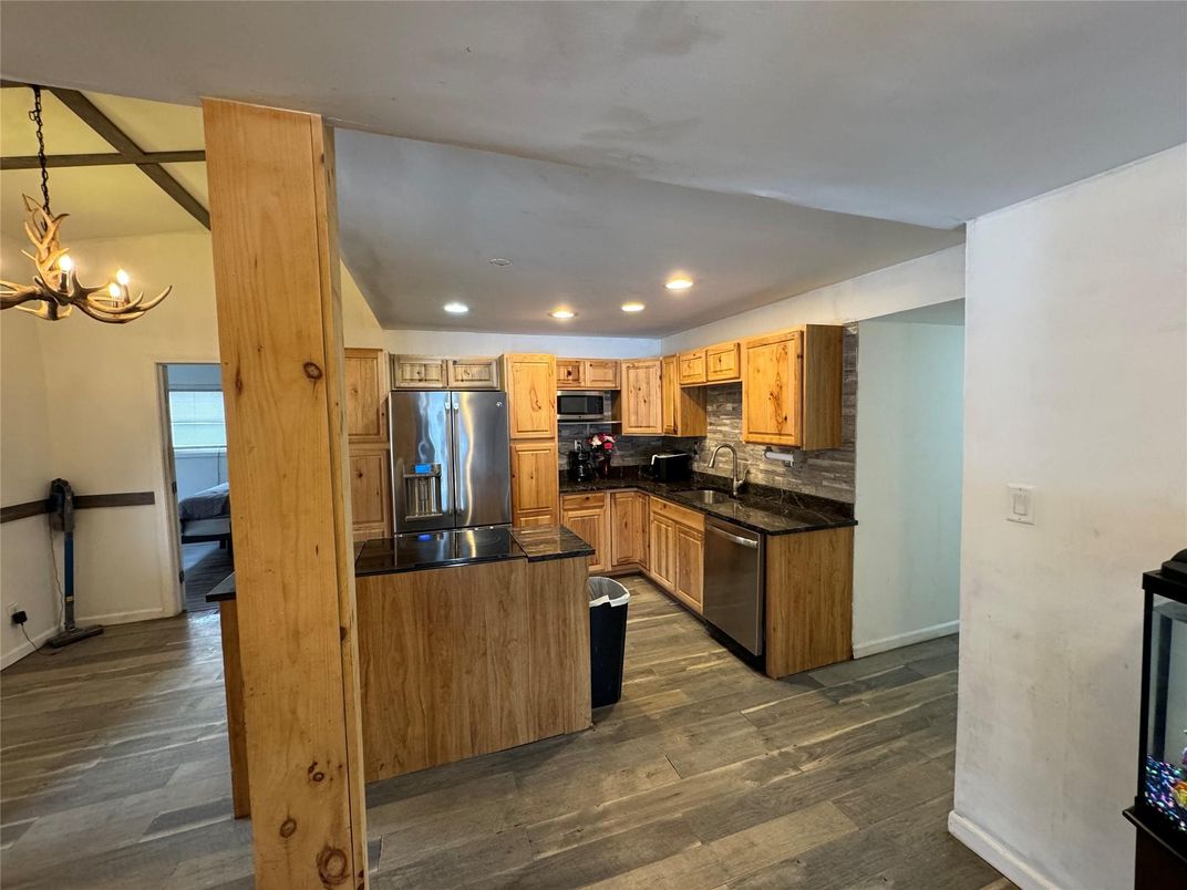 Chandelier, Interior, Kitchen, Recessed Lighting, Stainless Steel Appliances, Wood Texture Flooring