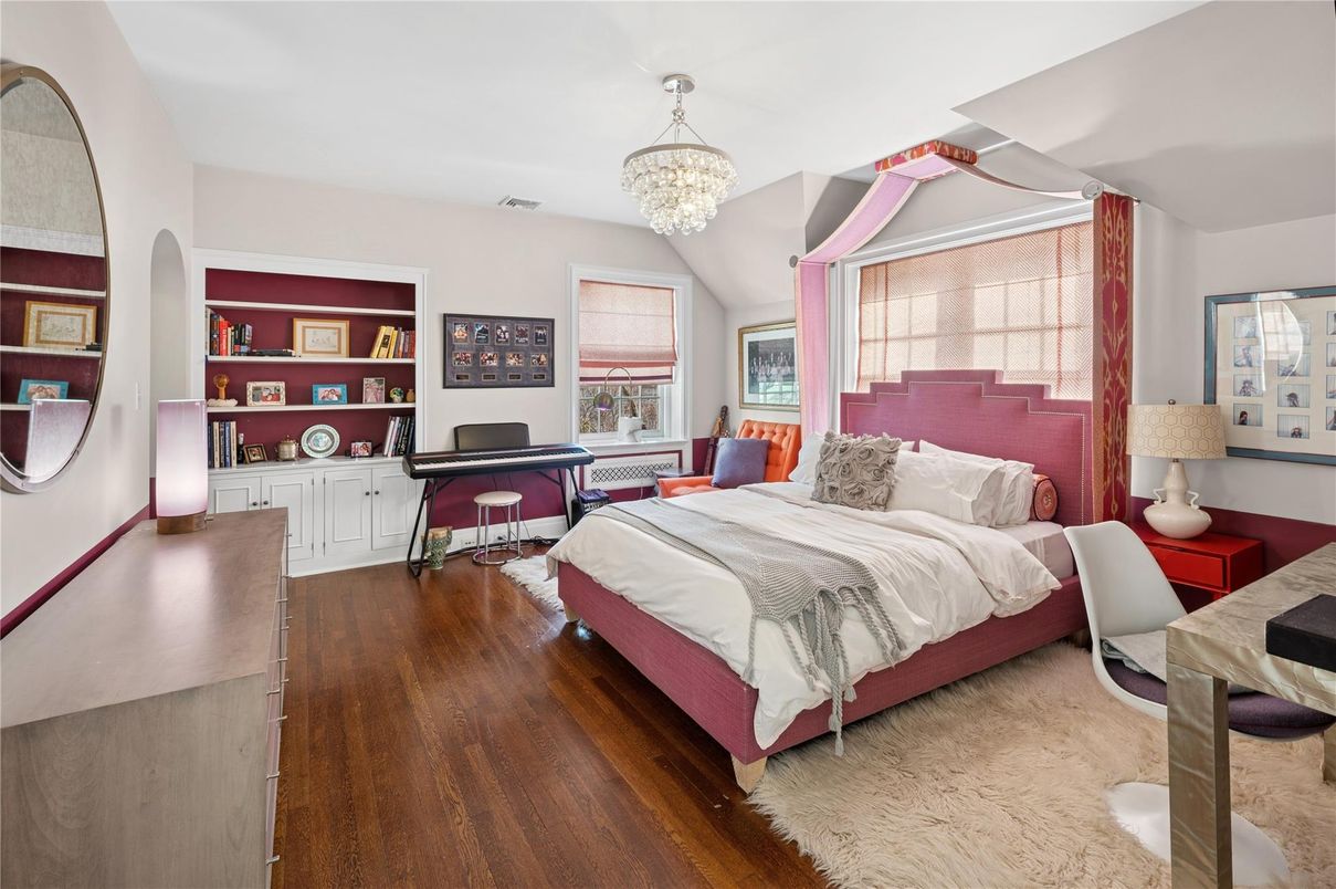 Bedroom, Chandelier, Interior, Wood Texture Flooring