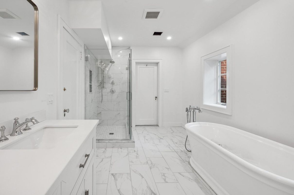 Bathroom, Dual Sink Vanities, Free Standing Baths, Glass Shower, Interior, Marble, Marble Walls, Recessed Lighting