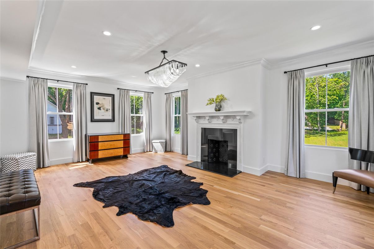 Fireplace, Interior, Pendant Lights, Recessed Lighting, Wood Texture Flooring