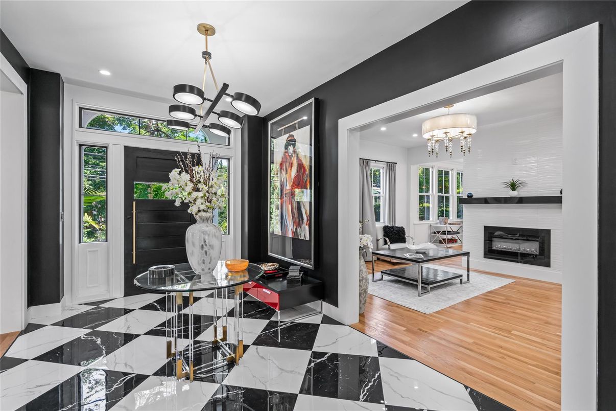 Fireplace, Interior, Living room, Marble, Pendant Lights, Recessed Lighting